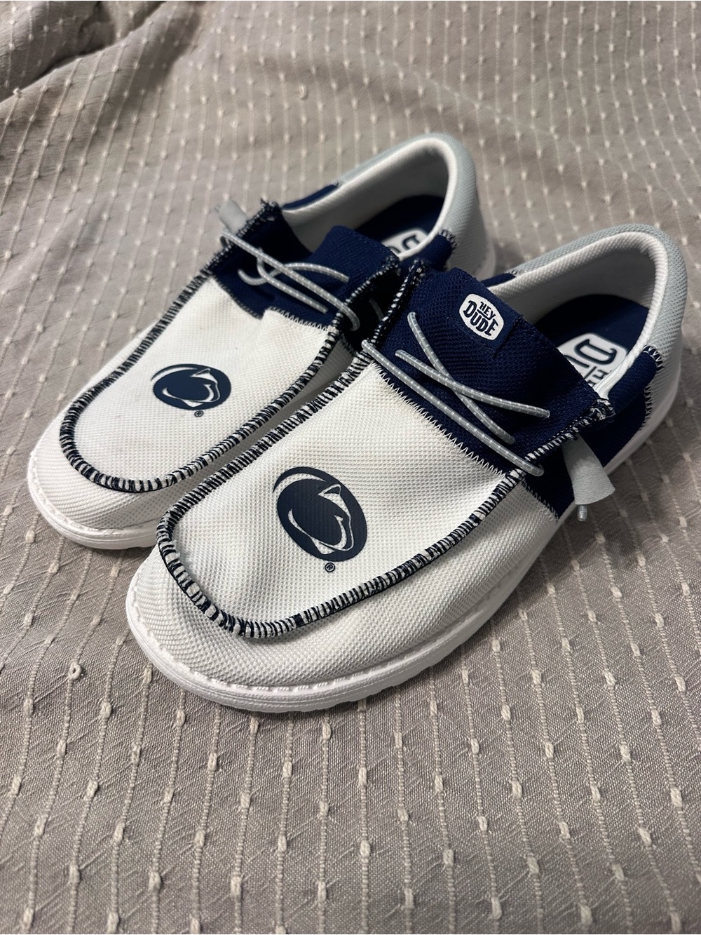 Hey Dude Men’s White and Navy Slip-On Sneakers with Elastic Laces